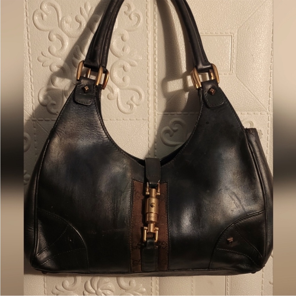 Gucci GG Canvas Jackie Bardot Hobo BROWN BLACK AUTHENTIC BAG VINTAGE